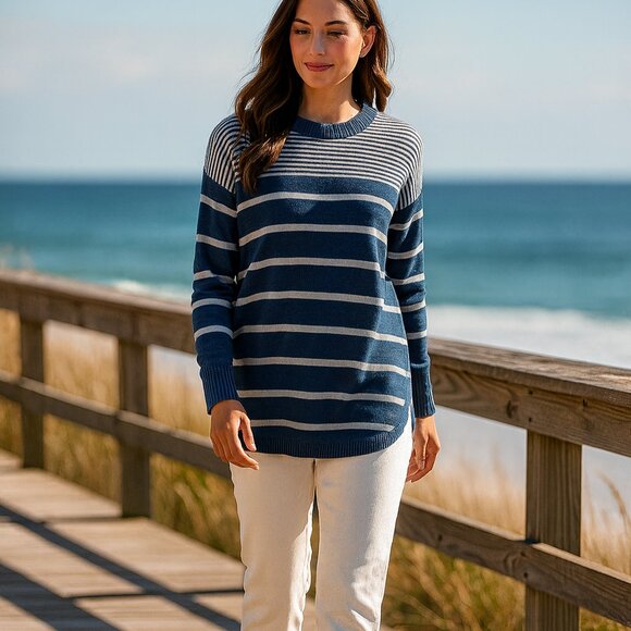 Vineyard Vines Navy Stripe Cotton Crewneck Sweater Women’s S Pullover Preppy - Picture 1 of 7